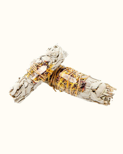 Sage with Dried Flowers and Quartz Crystal