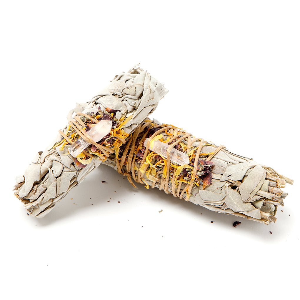 Sage with Dried Flowers and Quartz Crystal